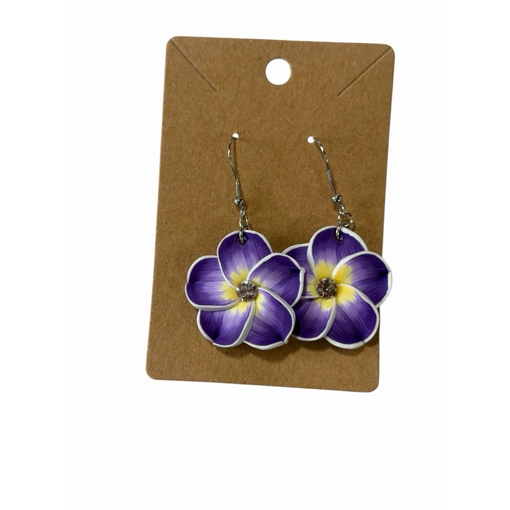 Purple Plumeria Flower Drop Earrings Rhinestone Tropical Floral Dangle Jewelry